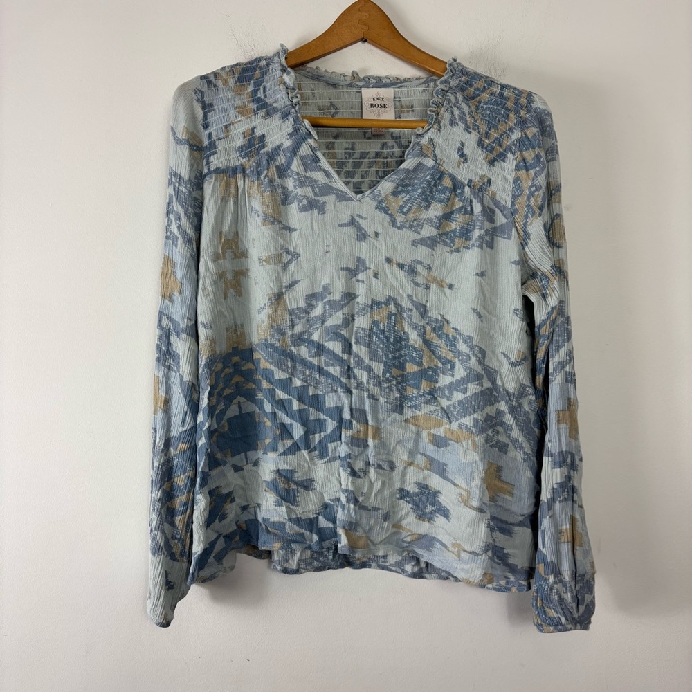 Knox Rose Blouse Womens L Blue Boho Aztec Print Long Sleeve V Neck Smocked